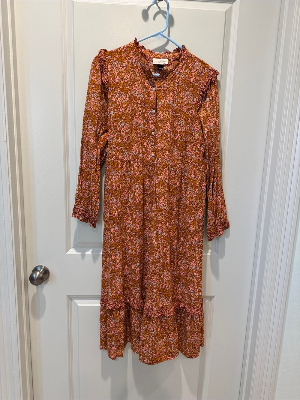 Universal Thread Rust Floral Ruffle Midi Dress with Pink Blossoms